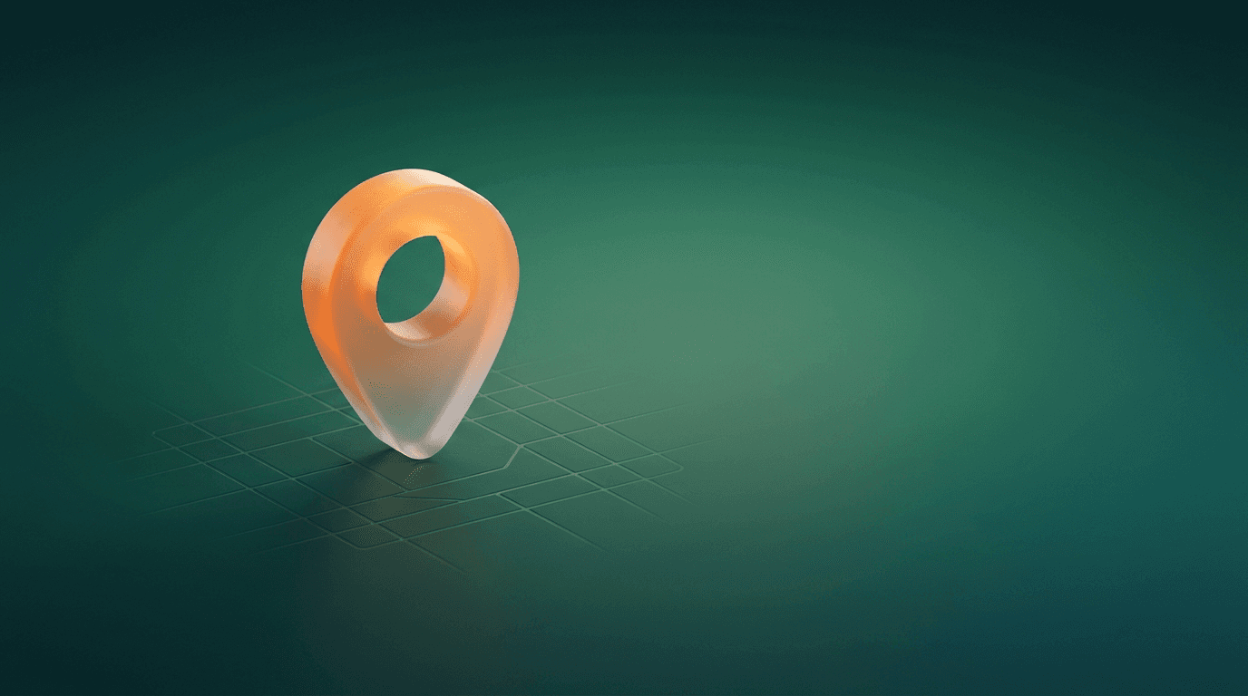 Pin de hartă 3D ridicându-se dintr-un grid geometric, în verde și portocaliu Squanch — concept SEO local