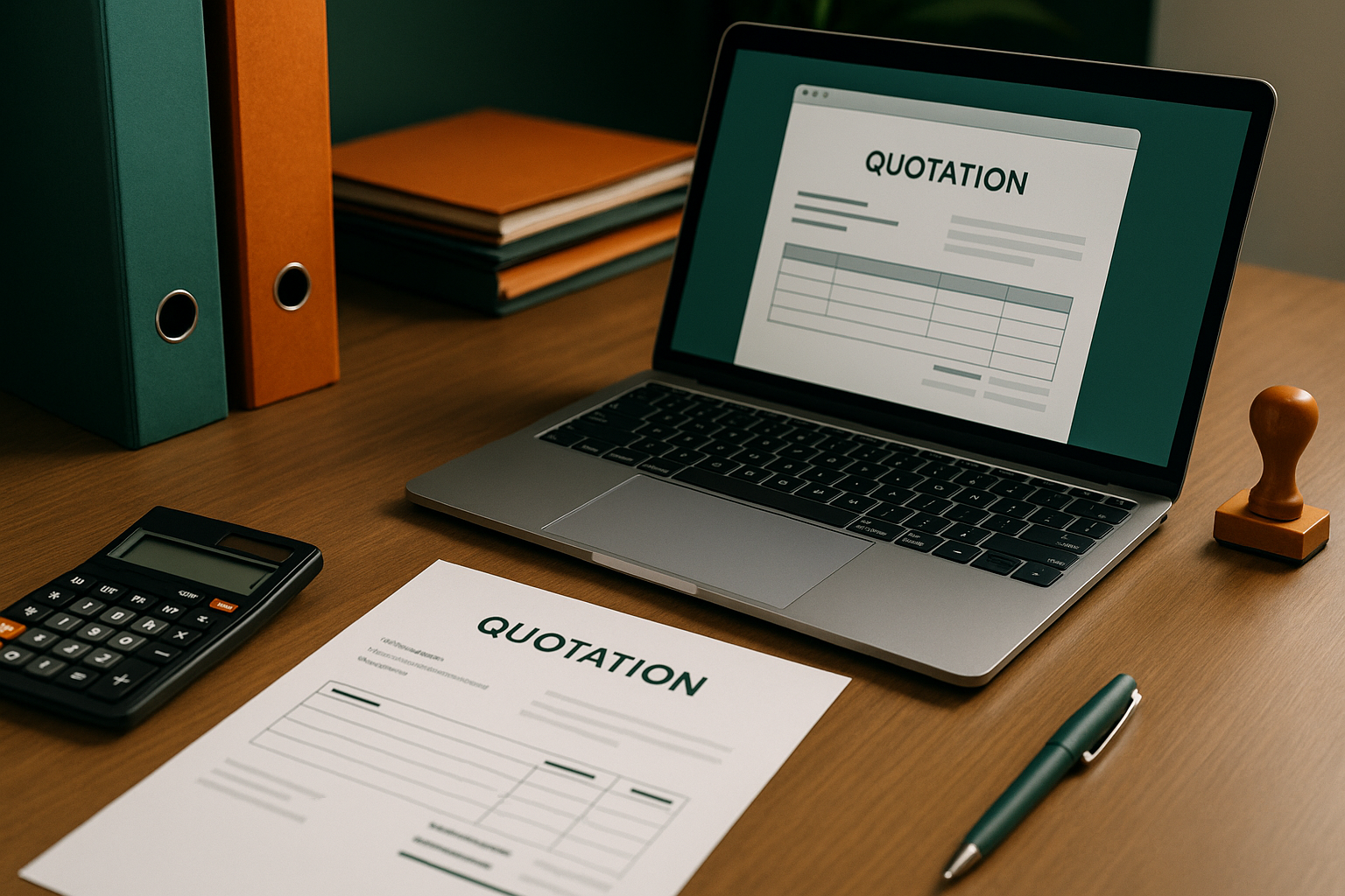Office desk with a clean paper form, laptop generating a quotation document, calculator, company stamp, organized folders, realistic business setting