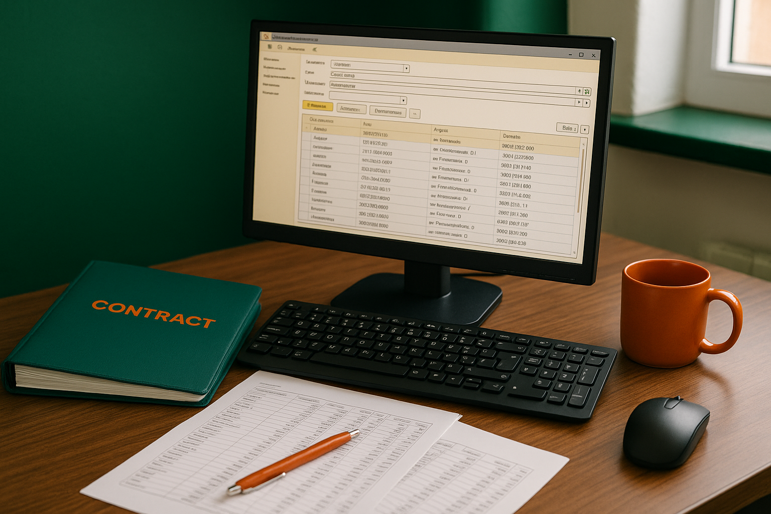 Desktop computer next to accounting paperwork, 1C-style ERP screen with client data, contract folder, keyboard and mouse in a small Moldova office