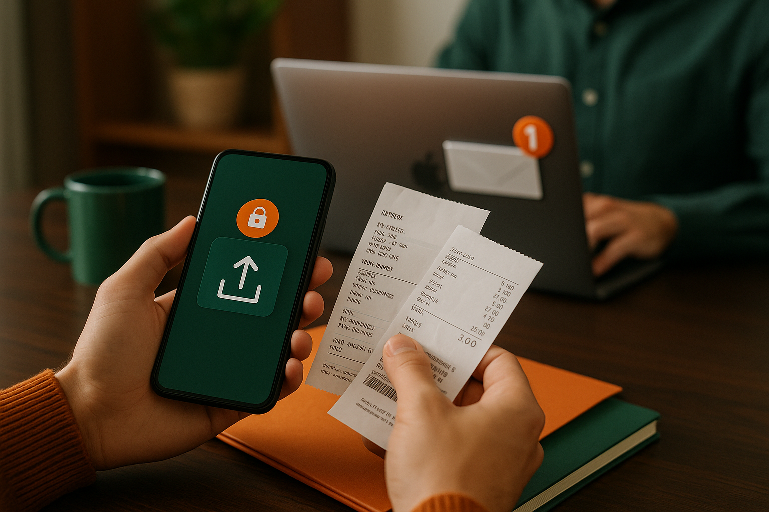 client uploading receipts and invoices from a phone to a secure document form, accountant receiving notification on laptop in office