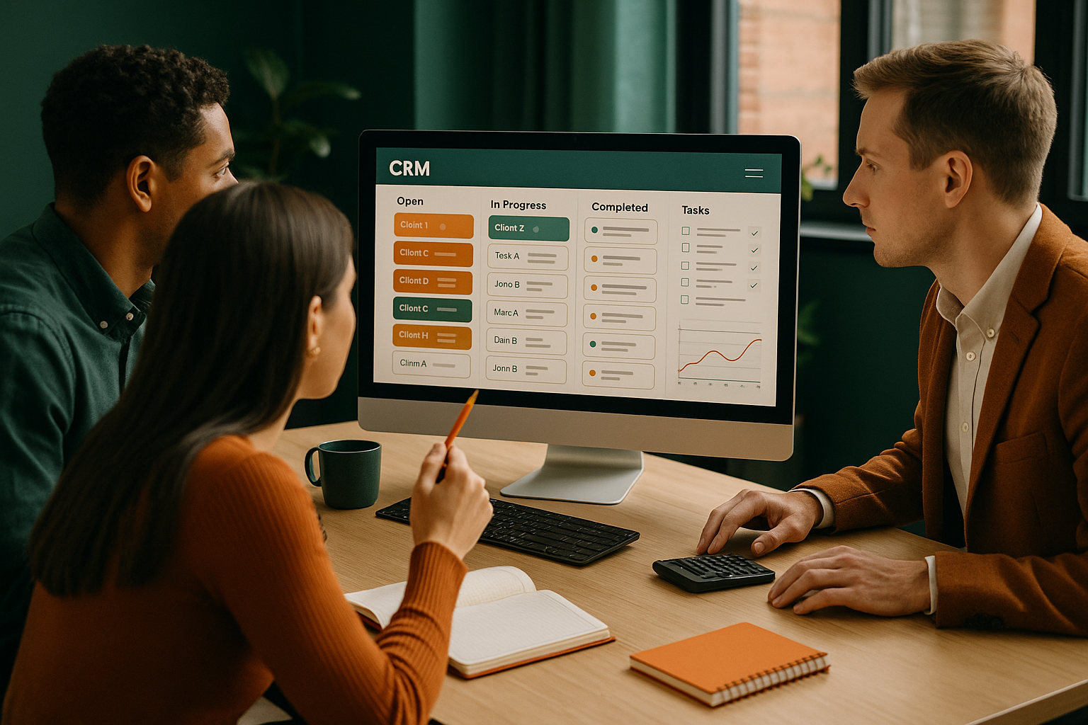 small accounting team around a desk looking at a CRM dashboard on a monitor, client statuses and tasks visible, real office setting