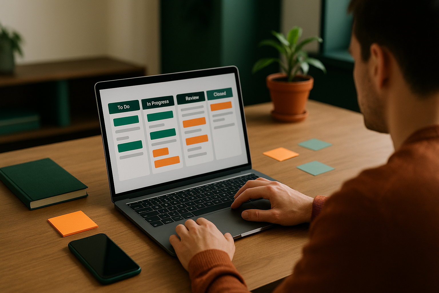 Sales manager at a desk looking at a simple kanban pipeline on a laptop, sticky notes and a phone nearby, clean office setting