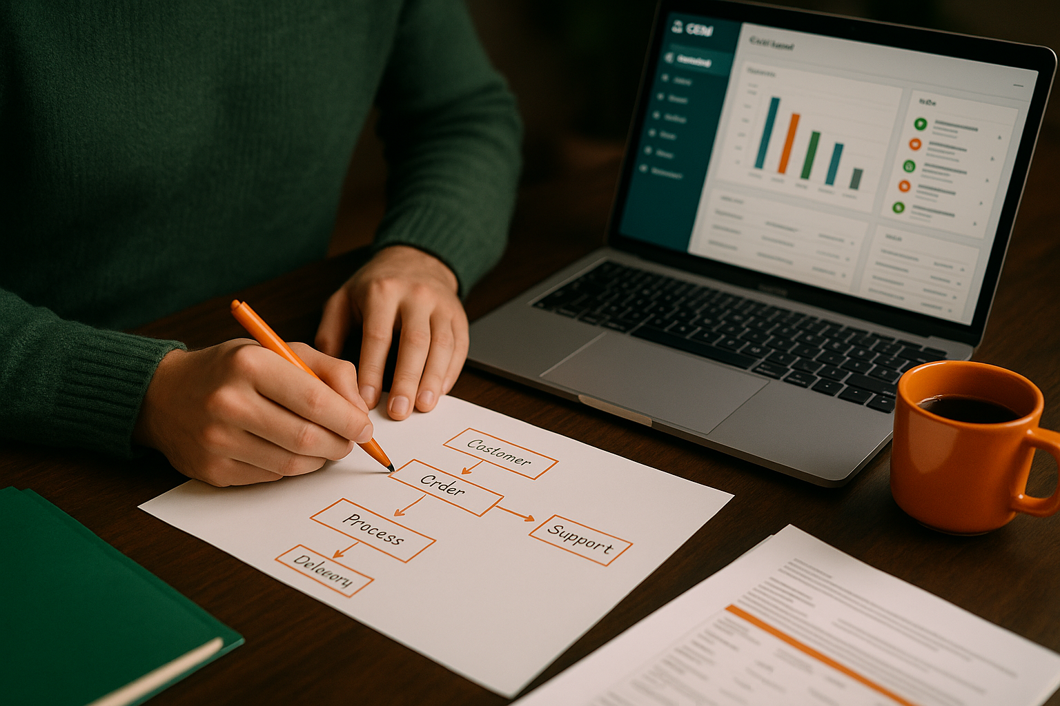 Business owner mapping a customer process on paper beside a laptop with a CRM dashboard open, coffee cup and documents on the table