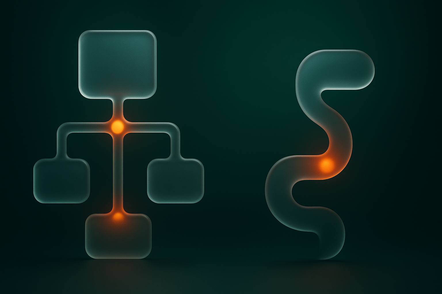 Comparison of classic IVR tree versus conversational AI voice agent, branching menu on one side and flowing dialogue path on the other, no text, no UI