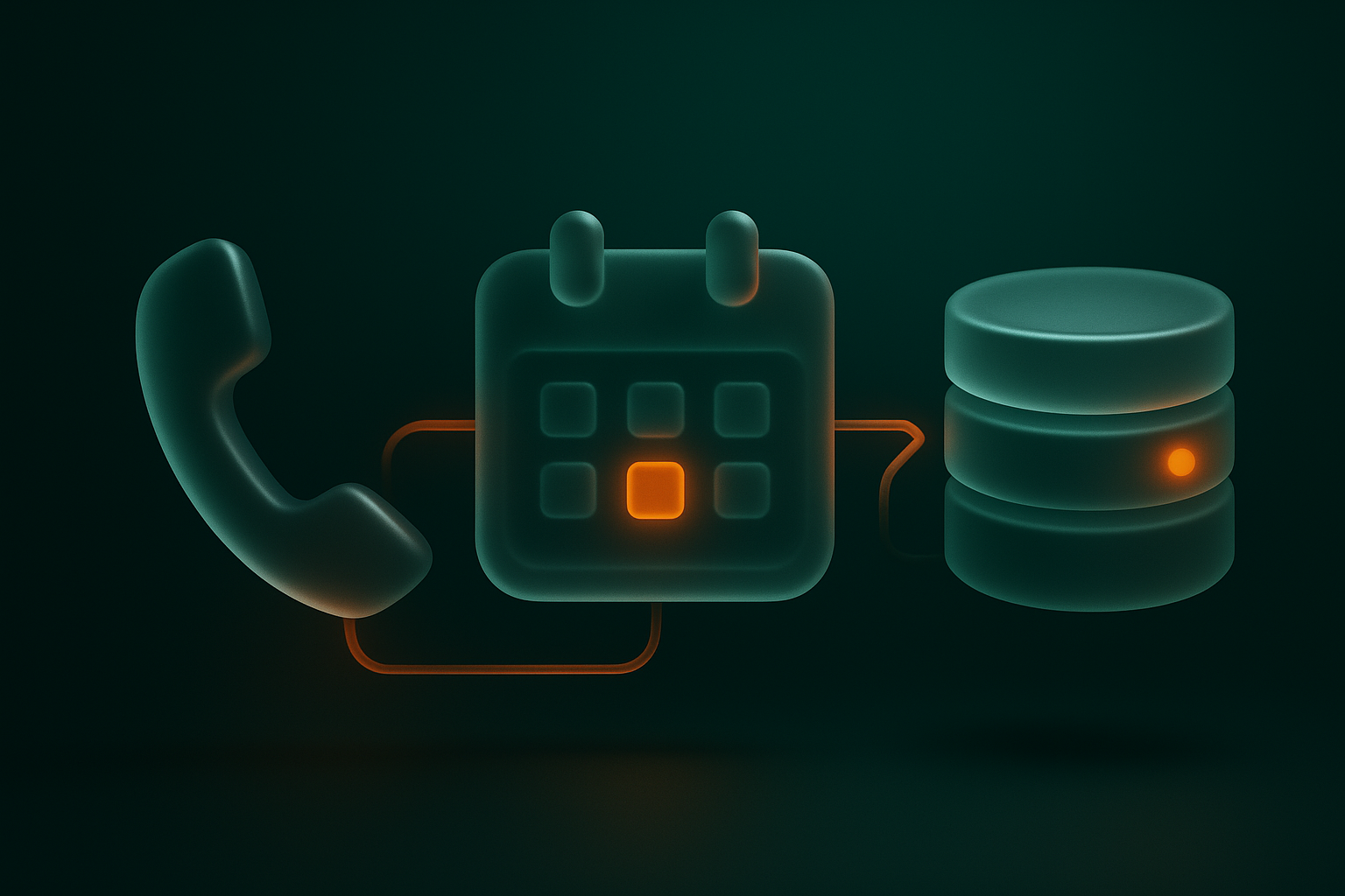 Inbound call flow linked to calendar booking and CRM handoff, phone to scheduling to database pipeline, no text, no UI