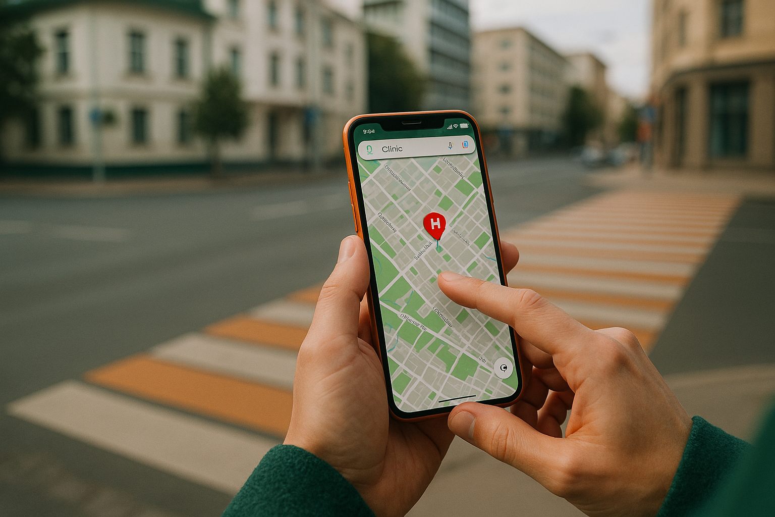 A person using Google Maps on a smartphone while standing on a street in Chisinau, looking for a nearby clinic, city buildings and crosswalk visible