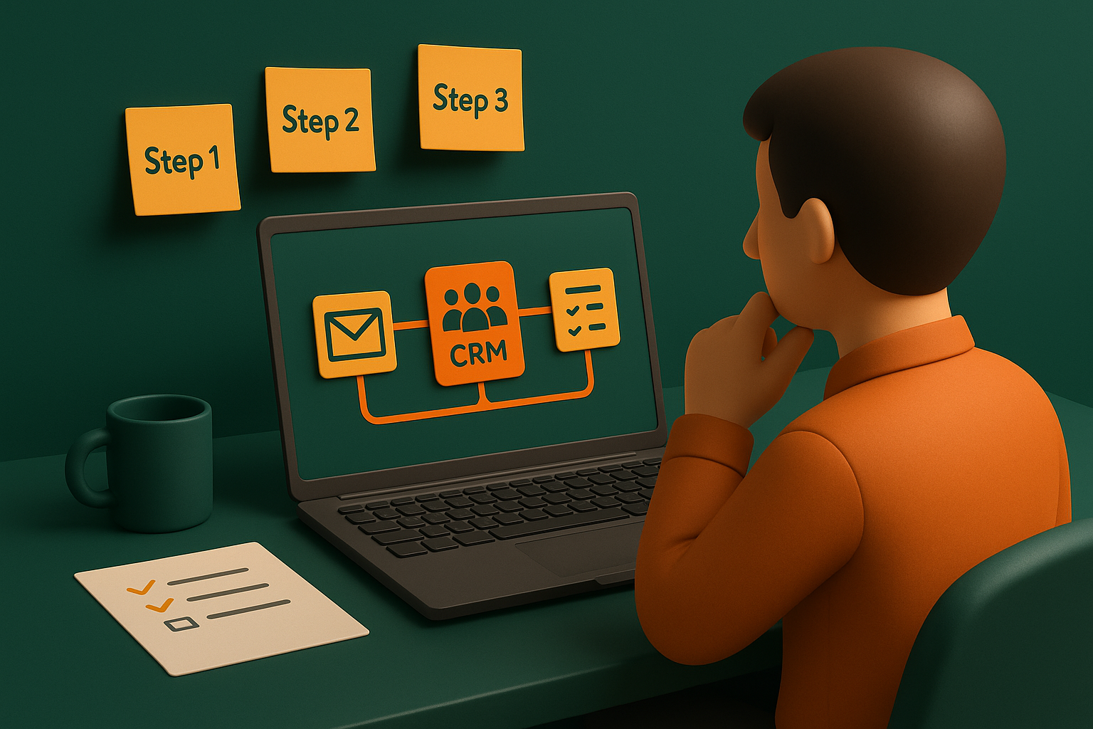Desk with laptop connected to email, CRM and task app, sticky notes with workflow steps, business owner reviewing automation setup, realistic office scene