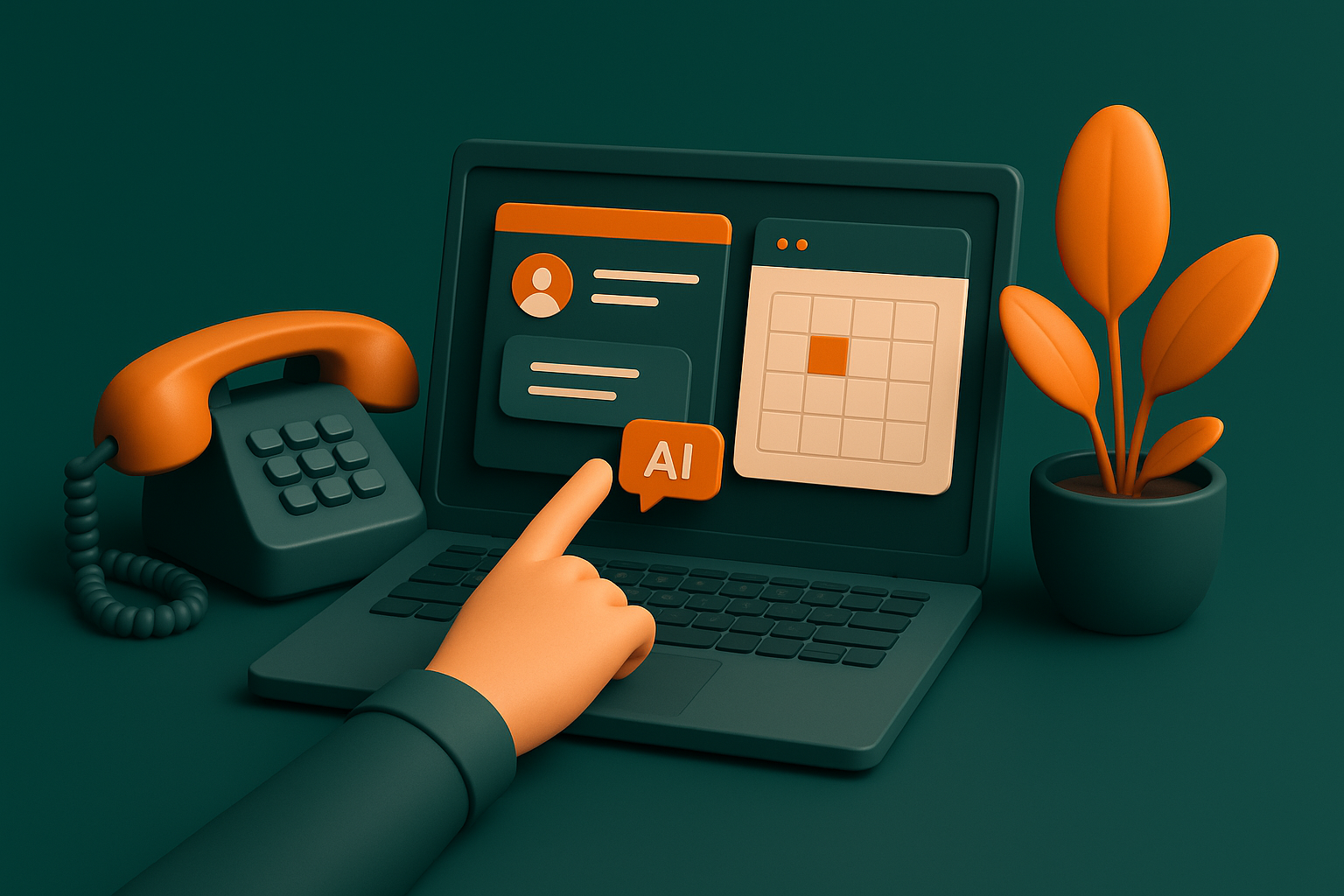Customer support workspace with a phone, laptop chat window, appointment calendar on screen, employee approving AI-suggested reply, realistic modern office