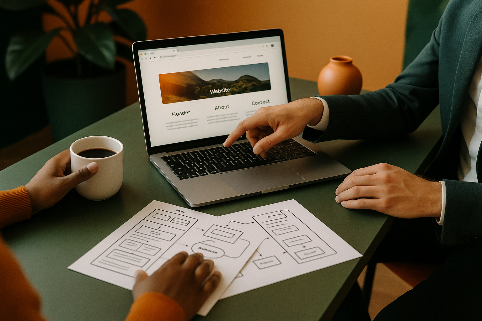 A meeting table with a business owner and AI strategist reviewing a website on a laptop, printed workflow sheets, and a coffee cup in a modern office