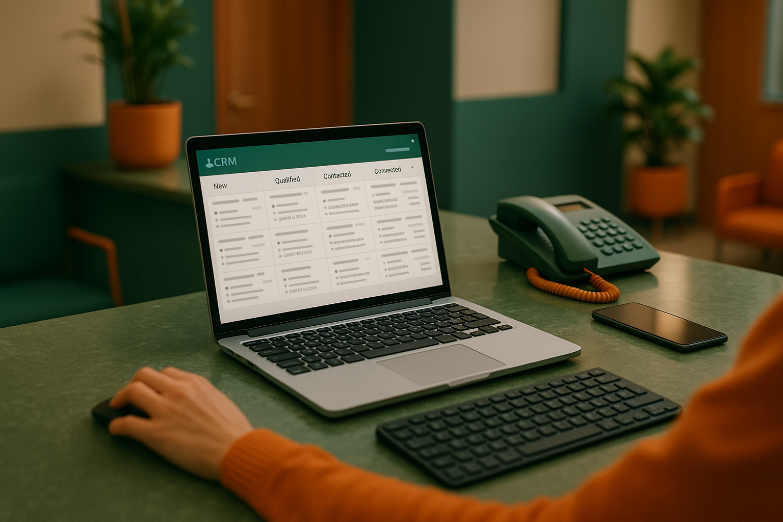 Reception desk of a local clinic or showroom, laptop with CRM open, staff member checking incoming leads, phone beside keyboard, realistic interior