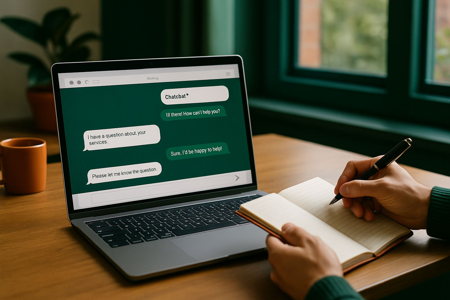 Customer support chatbot scene on a business website shown on laptop screen, owner sitting nearby with notebook, modern small office, realistic daylight