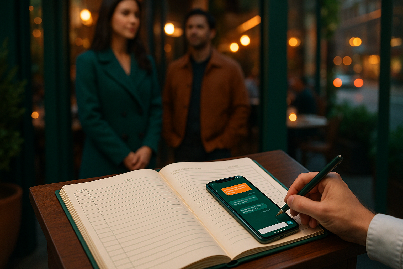 A restaurant host stand with a reservation book, a smartphone showing a booking chat, two guests waiting near the entrance, evening city restaurant scene