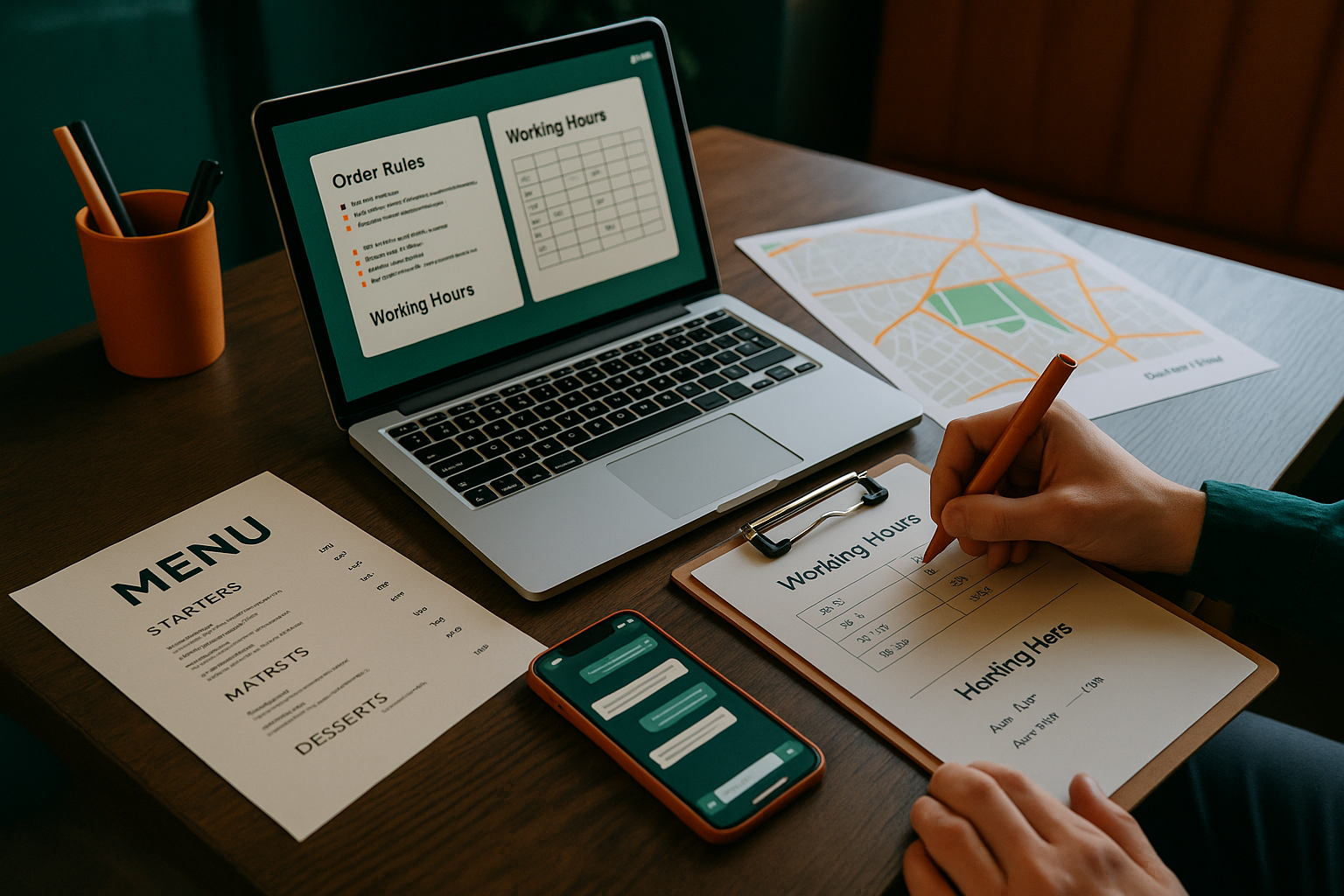 A small restaurant office desk with printed menu, delivery map, laptop, smartphone with chat interface, manager organizing order rules and working hours