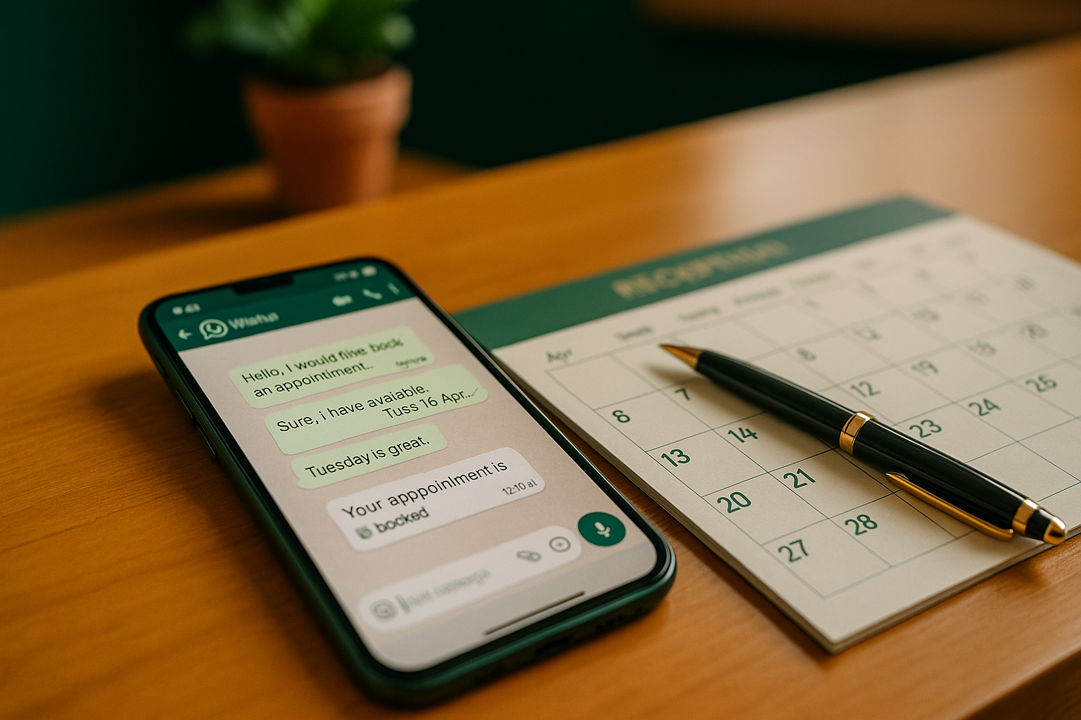Close-up of a smartphone showing a WhatsApp conversation for booking an appointment, next to a paper calendar and a pen on a reception desk