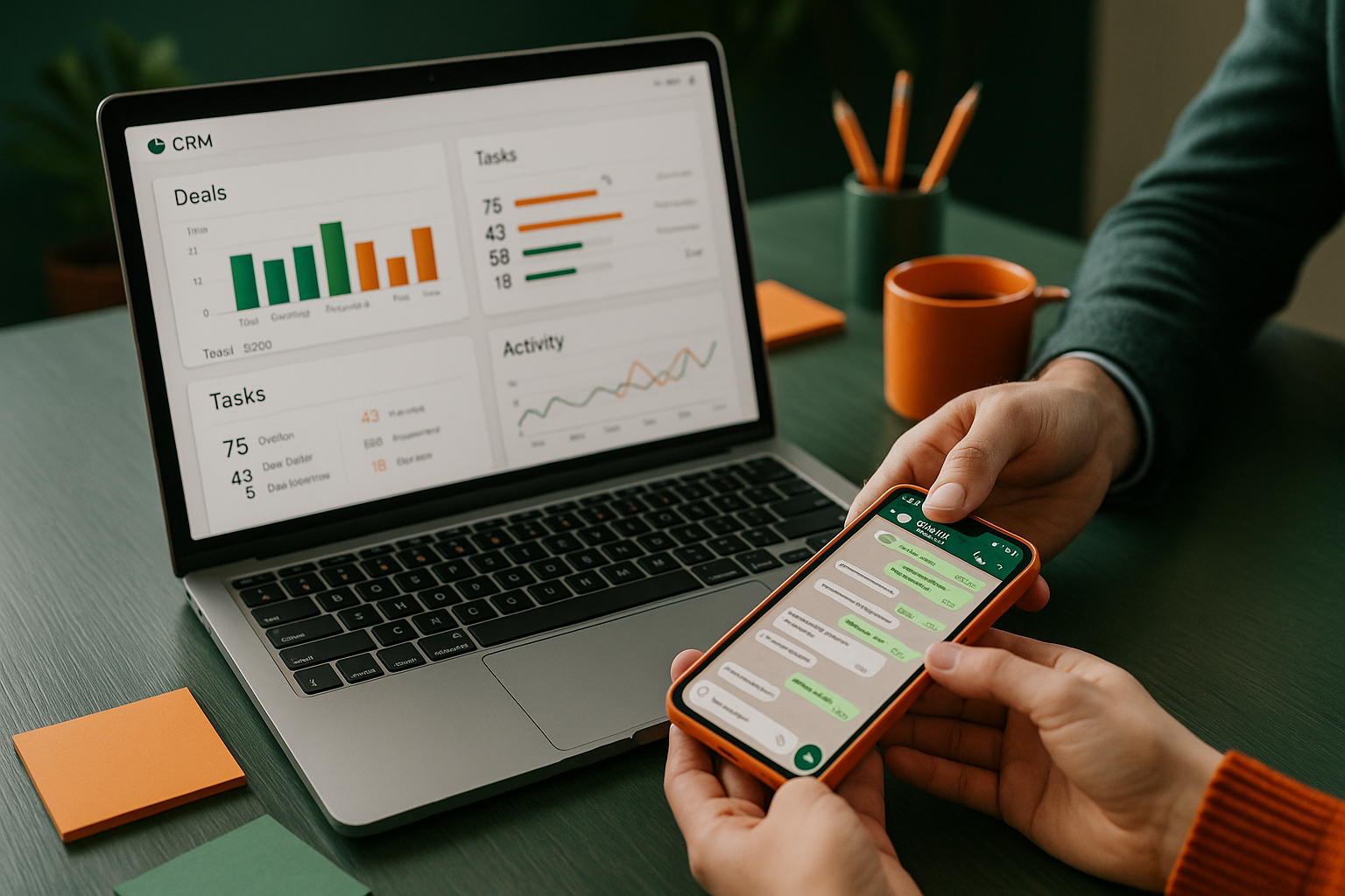 Office desk with laptop CRM dashboard open, smartphone with WhatsApp messages, sticky notes, and a sales manager handing off a conversation to a colleague