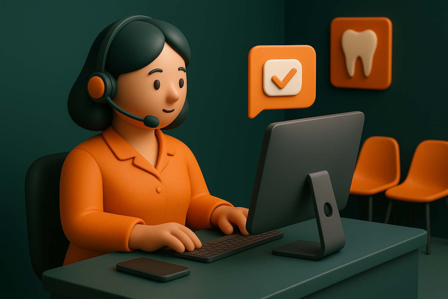 Receptionist in a dental clinic sending appointment reminders from a computer, smartphone on desk, patient chairs in waiting area
