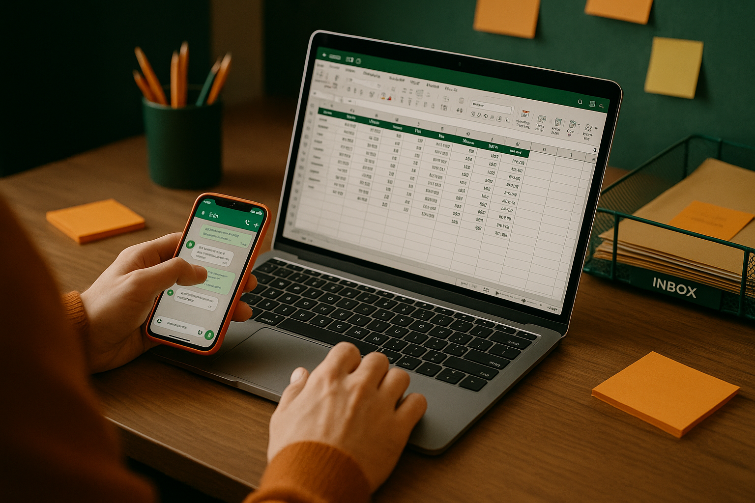 Team member at a cluttered desk with Excel sheet on laptop, WhatsApp on phone, sticky notes and inbox open