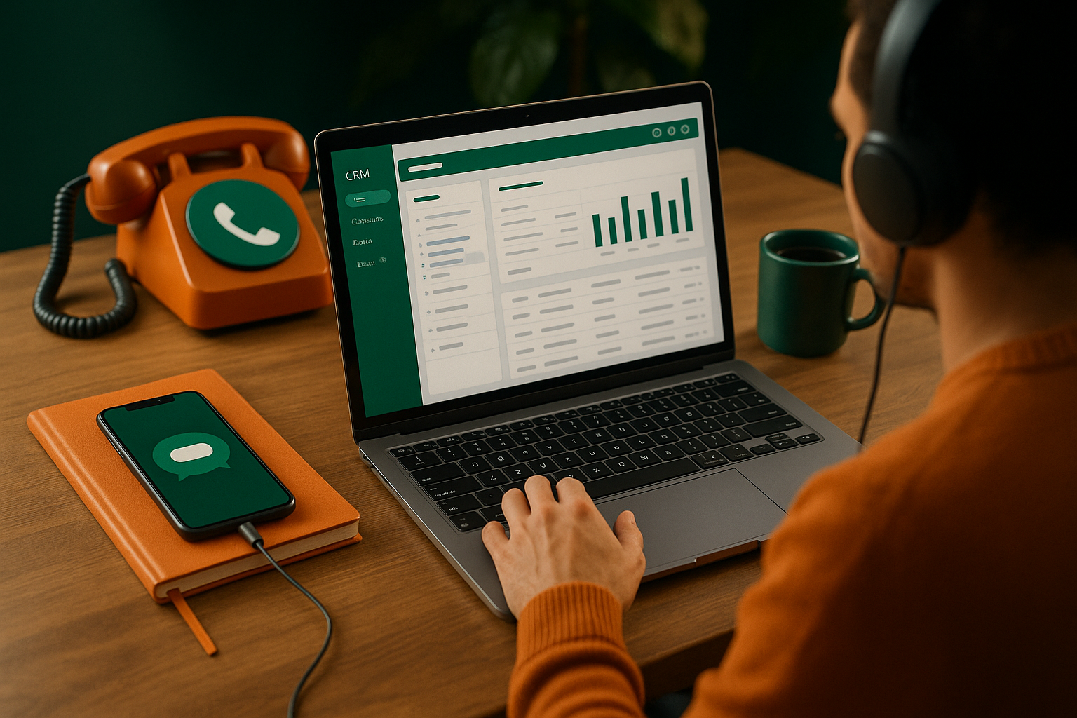 Customer support agent using a laptop while a phone and website chat are connected to a CRM dashboard on screen