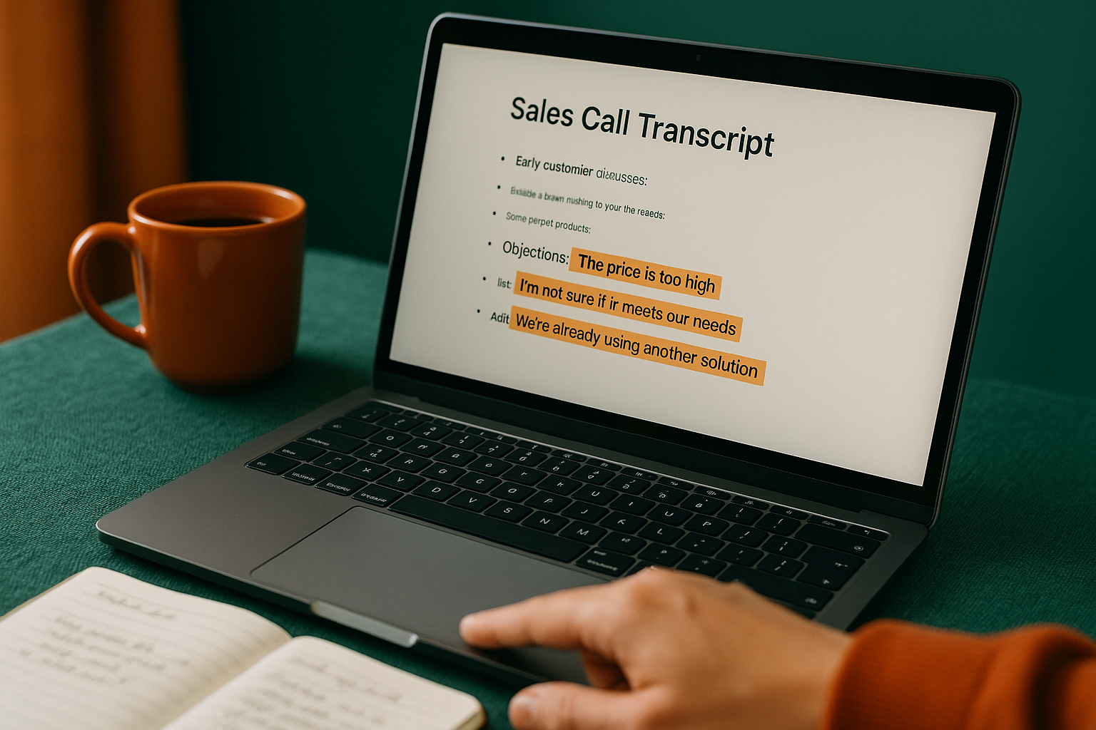 Close-up of a laptop screen with a sales call transcript and highlighted objections, hand pointing at notes, coffee cup on desk