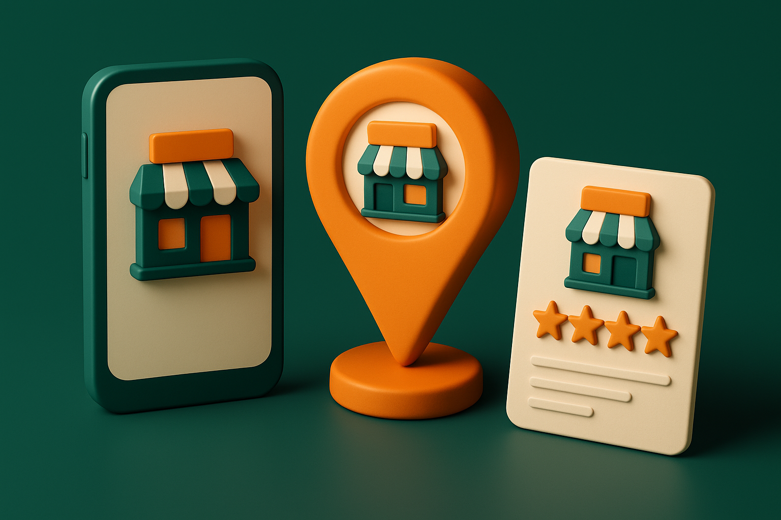 Brand consistency concept across website, maps, social profiles and listings, connected data points, minimal illustration