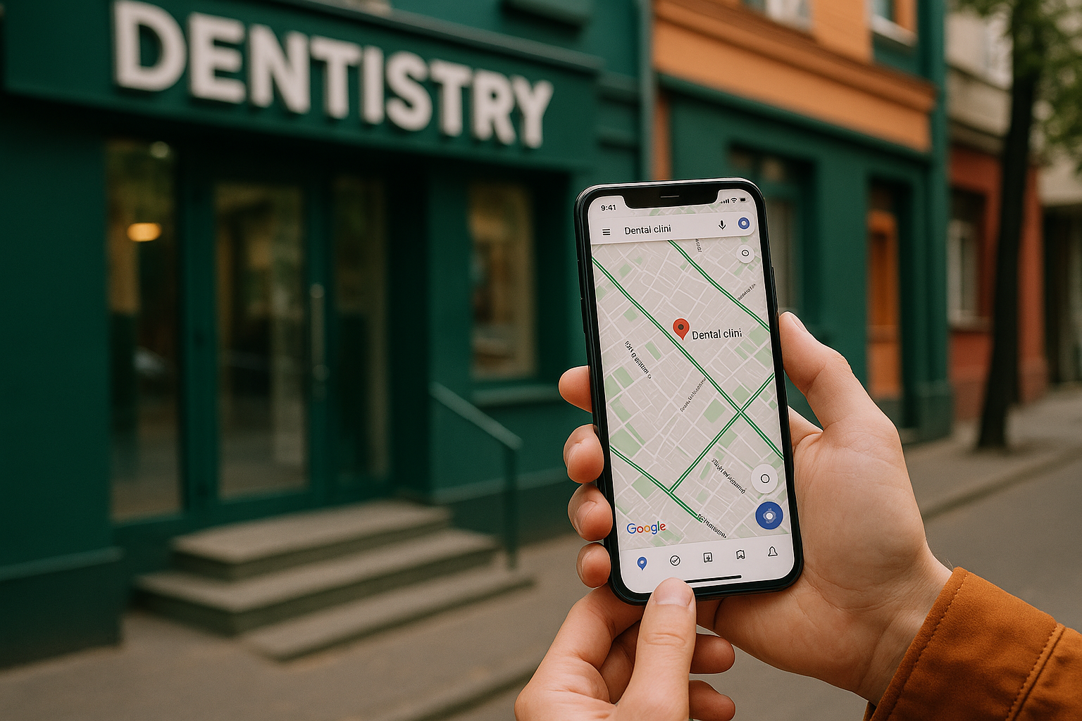 Person holding a smartphone with Google Maps open outside a local dental clinic in Botanica, Chisinau street scene