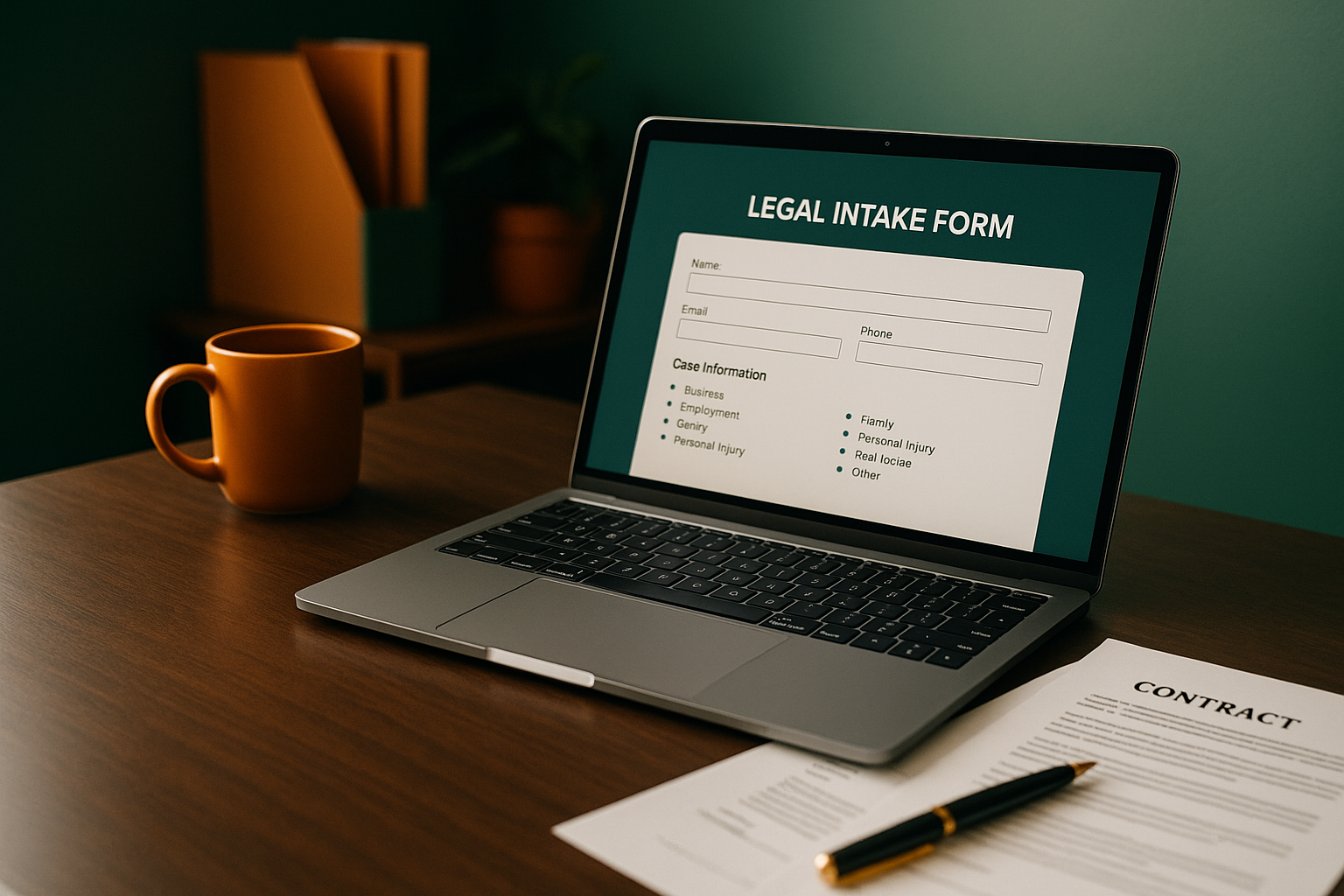 Close-up of a laptop showing a legal intake form and case categories, printed contracts and a pen on the desk, realistic office setting