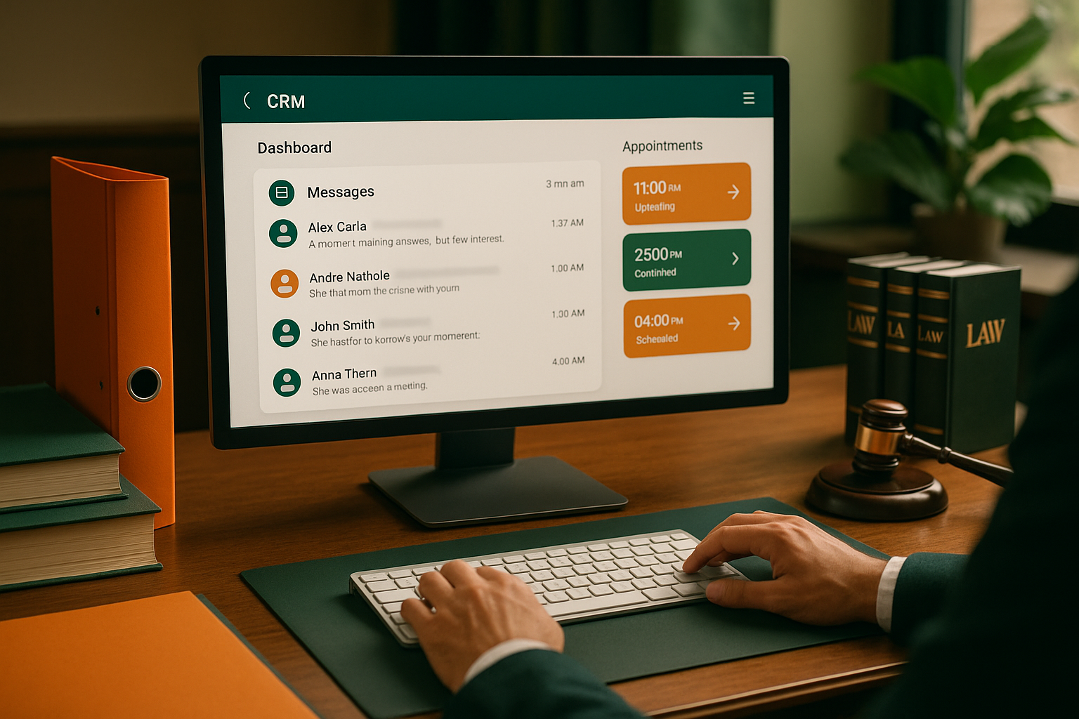 Lawyer using a desktop CRM dashboard in an office, client messages and appointment status visible on screen, folders and legal books nearby