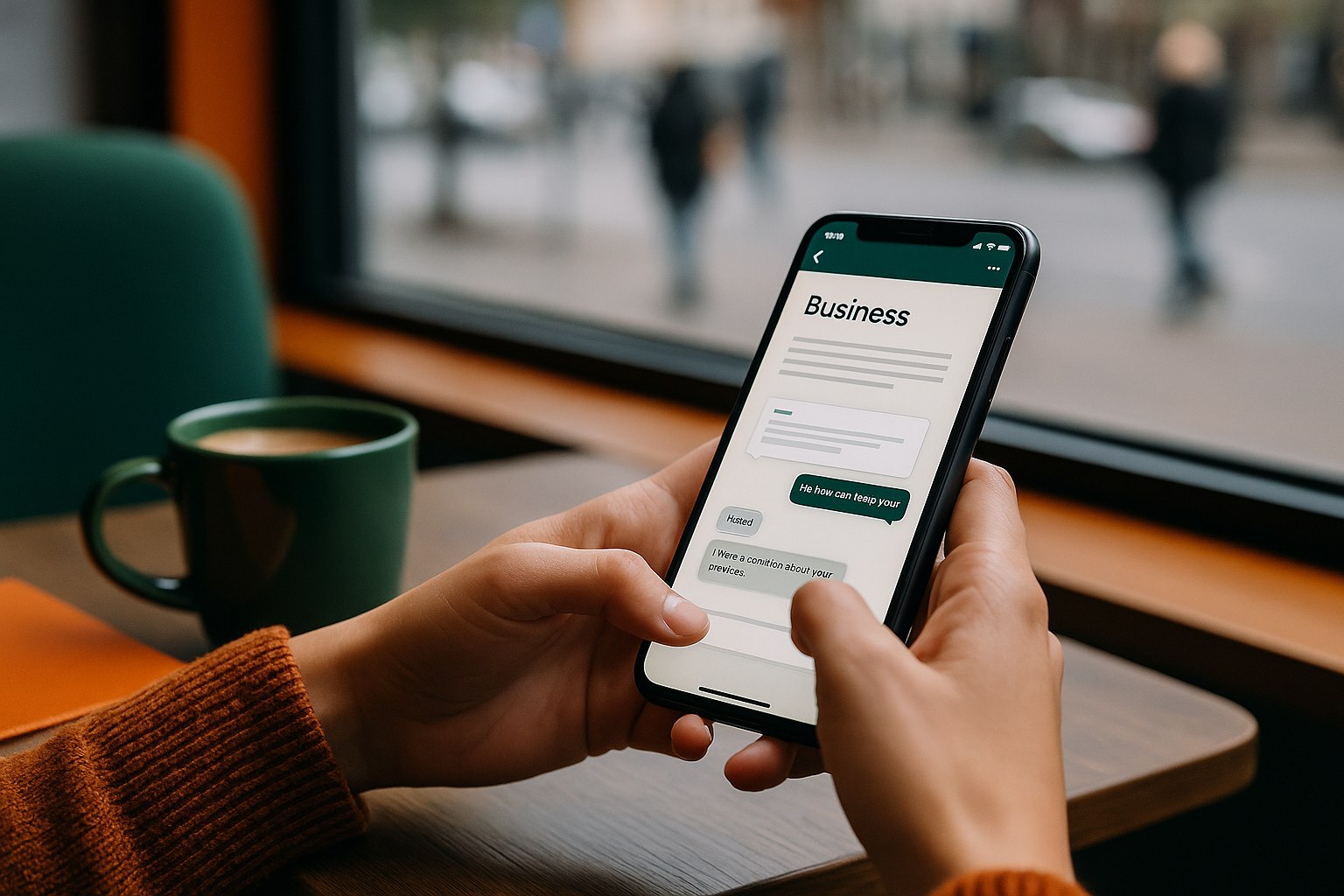 Customer chatting on a website widget on a smartphone while sitting in a cafe, visible chat bubbles and a business website interface, realistic urban setting