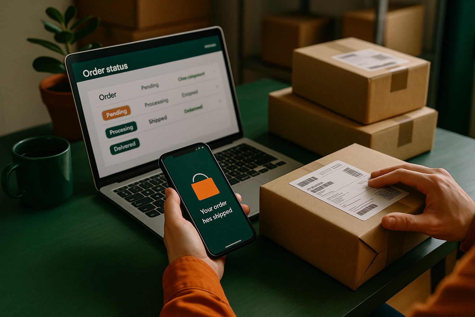 customer service desk with laptop showing order statuses, smartphone with store notification, employee checking packed boxes and shipment labels