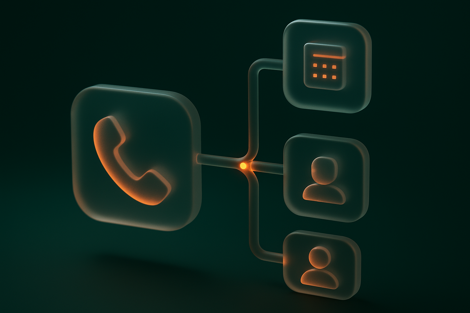 Voice call routing flow, caller entering, branching paths to info, booking, human transfer, simple isometric concept, no text, no UI